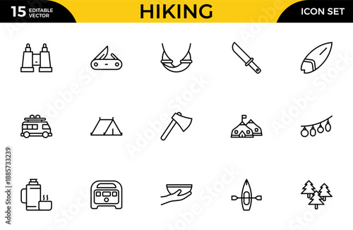 Hiking and Outdoor Survival Icon Set – Adventure and Wilderness Line Icons Including Tent, Backpack, Hiking Boots, Survival Map, Campfire, Mountain and Exploration Symbols, Modern Vector Illustration