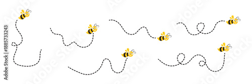 Cartoon bee icon set. Bee flying on a dotted route isolated on the white background. Vector illustration.