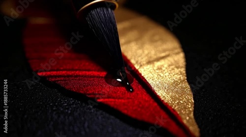 Close-up of a fountain pen dripping ink onto a red and gold feather, symbolizing creativity and artistry