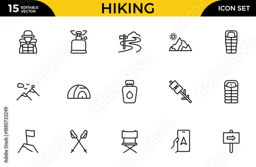 Hiking and Outdoor Survival Icon Set – Adventure and Wilderness Line Icons Including Tent, Backpack, Hiking Boots, Survival Map, Campfire, Mountain and Exploration Symbols, Modern Vector Illustration