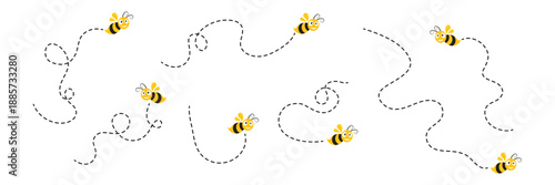 Cartoon bee icon set. Bee flying on a dotted route isolated on the white background. Vector illustration.