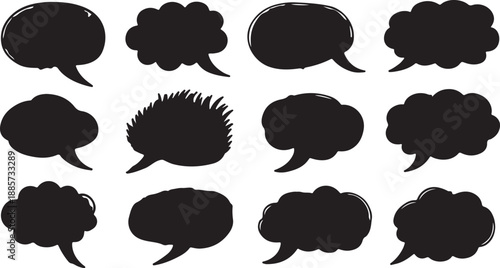 A large collection of hand-drawn comic speech bubbles and thought bubbles for communication design