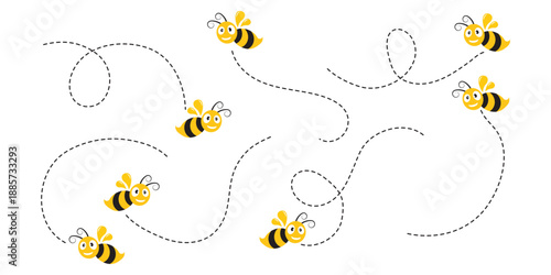 Cartoon bee icon set. Bee flying on a dotted route isolated on the white background. Vector illustration.