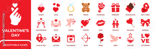 Valentine's Day vector icon set with love, heart, couple, gift, ring and romance symbols. Perfect for wedding design, holiday marketing, cards, UI, apps, banners and romantic projects.