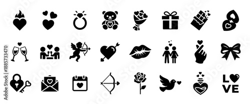 Valentine's Day solid icon set with love, heart, couple, gift and romance symbols. Black filled vector icons for wedding, dating, greeting cards, marketing design, apps and web projects.
