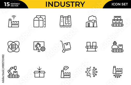 Industry Outline Icon Set – Technology, Finance, Healthcare, Automotive, Energy, Retail, Construction, Hospitality, Tourism, Education, Oil, Gas, Refinery, Petroleum, Lubricant and Agriculture