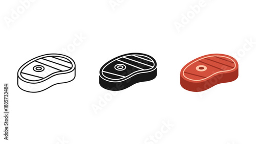 Three steak icons in black, white, and red on white background