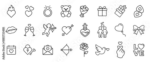 Valentine’s Day outline icon set with love, heart, couple, gift and romantic symbols. Line vector icons collection for wedding, dating, greeting cards, marketing design, apps and websites.
