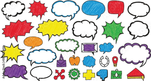 A large collection of hand-drawn comic speech bubbles and thought bubbles for communication design