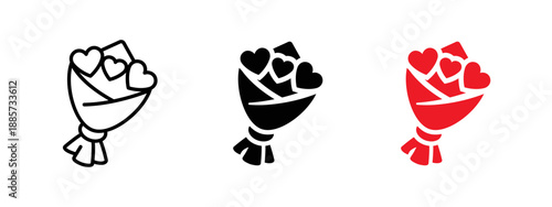 Romantic bouquet icon with hearts. Vector illustration perfect for Valentine’s Day, love concepts, wedding gifts, greeting cards, posters, web and app design. Clean minimal style, isolated symbol.