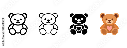 Teddy bear icon set with heart for love and gift concepts. Cute toy symbol in outline, solid and color styles, perfect for Valentine’s Day, romantic designs, kids projects and greeting cards.