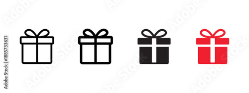 Gift box icon set in outline, solid and red styles. Vector present symbol for holidays, Valentine’s Day, Christmas, birthday, shopping, e-commerce, sales and marketing design. Marketing bonus concept.