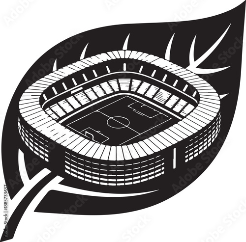 Soccer stadium within a stylized leaf shape, representing eco-friendly sports and green initiatives.