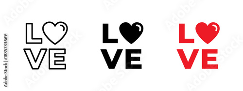LOVE lettering icon with heart symbol. Romantic vector typography design for Valentine’s Day, greeting cards, posters, prints, social media, marketing materials and holiday decorations.