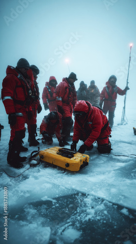 Crew members in red parkas prepare to release a yellow underwater drone into a hole in the sea ice during an Arctic expedition. The team works in foggy weather