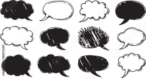 A large collection of hand-drawn comic speech bubbles and thought bubbles for communication design