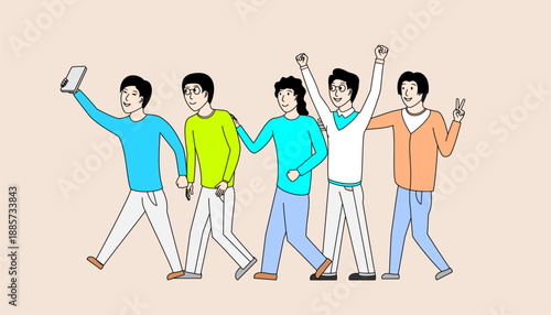 group of men are walking together and doing a photoshoot