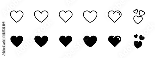 Heart icon set in outline and solid styles. Minimal black vector symbols of love and romance. Valentine’s Day design elements for UI, web, apps and holiday graphics.