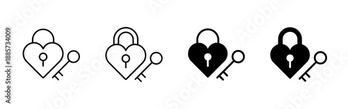Heart shaped padlock and key icon in outline and solid styles. Minimal vector symbol of love, trust and relationship, ideal for Valentine’s Day, wedding, engagement and romantic design projects.