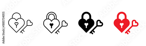 Heart shaped lock and key icon in outline and solid styles. Minimal vector symbol of love, trust and relationship, perfect for Valentine’s Day, wedding, engagement, security and romantic design.