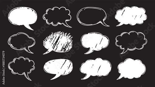 A large collection of hand-drawn comic speech bubbles and thought bubbles for communication design