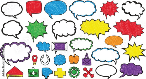 A large collection of hand-drawn comic speech bubbles and thought bubbles for communication design