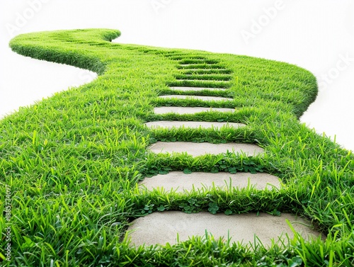 Pathway made of stones through green grass as it curves towards a distant view