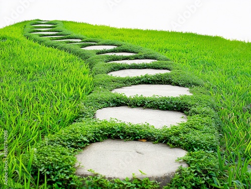 Path made of stones winding through fresh green grass in a garden setting on a sunny day