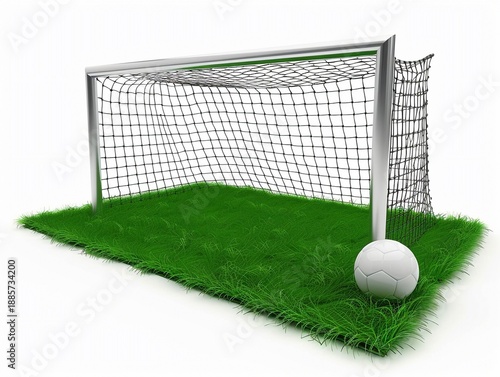 Soccer goal sits on green grass with a ball nearby ready for play during the afternoon