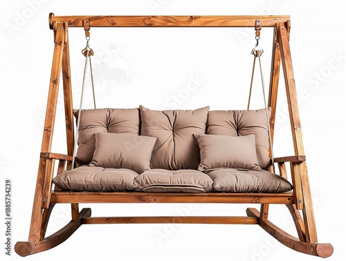 Wooden swing with cushions for relaxation in outdoor space for leisure or rest