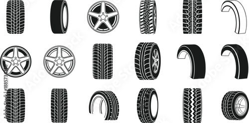 Car tire tread patterns and wheel rims vector illustration set, automotive rubber tyre silhouettes, vehicle transport maintenance icons isolated on white background.