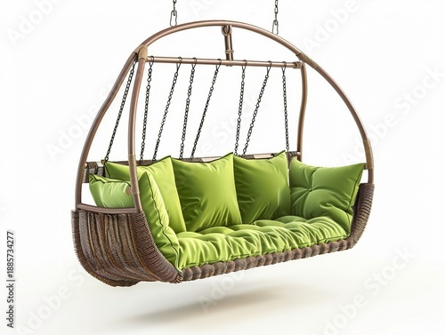 Hanging swing with green cushions designed for outdoor relaxation in a sunny garden setting