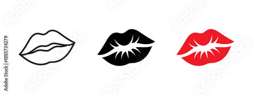 Lips kiss icon in outline, solid and red styles. Vector symbol of love, romance and Valentine’s Day. Sensual beauty and makeup concept, romantic sign isolated on white background.