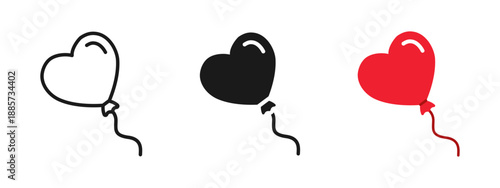 Heart shaped balloon icon in outline, solid and flat styles. Romantic vector symbol for Valentine’s Day, wedding, birthday and party celebration. Love balloon icon isolated on white background.