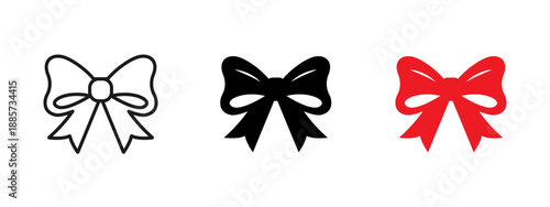 Bow ribbon icon in outline, solid and red styles. Vector gift decoration symbol for present wrapping, celebration and holiday design. Cute minimal bow isolated on white background.
