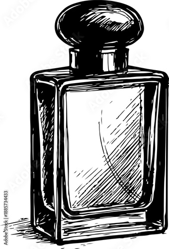 An isolated glass perfume bottle featuring a luxury liquid fragrance spray for beauty and hygiene cosmetics, presented as a transparent fashion object on a white background
