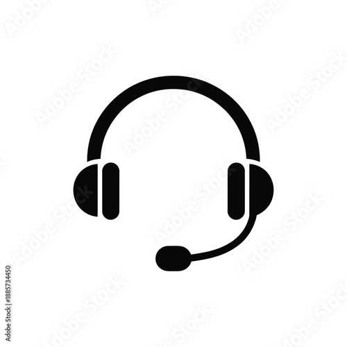 Simple black icon depicting a headset with a microphone for communication