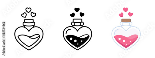 Love potion in heart-shaped bottle icon symbol for Valentine’s Day. Romantic magic elixir illustration for love, fantasy, affection, gifts, cards and holiday design projects.
