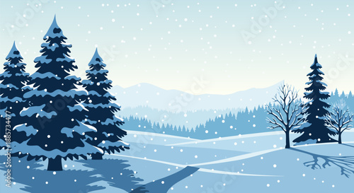 Charming winter landscape vector illustration with snow-covered trees and rolling hills, perfect for holiday designs