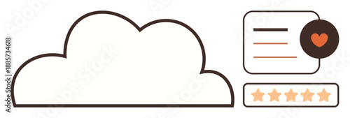 Cloud storage, customer feedback, digital service, user experience, online review system, quality rating. Cloud shape with a heart icon and star rating. Cloud storage and customer feedback concept