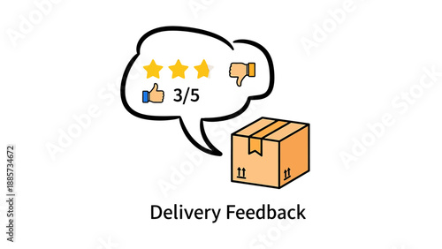 A cardboard box receives mixed delivery feedback with three stars and a thumbs up and down vote in a simple graphic illustration