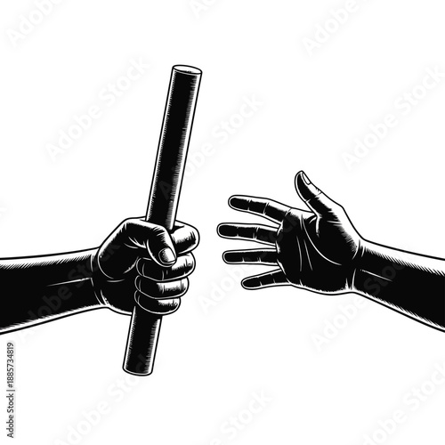 A black and white illustration depicting a relay baton handoff process
