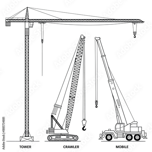 Illustration depicting tower crawler and mobile cranes in a schematic view