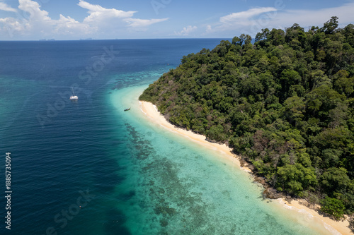 Tropical paradise white sand beach with palm trees on Koh Rok, Mu Ko Lanta National Park.