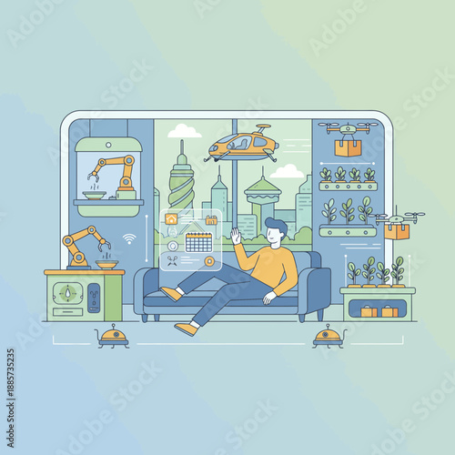 Man Relaxing in Futuristic Smart Home with Robotic Automation