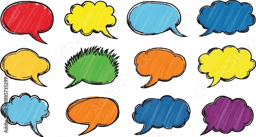 A large collection of hand-drawn comic speech bubbles and thought bubbles for communication design