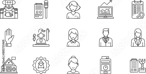 Business management and human resources line icon set featuring recruitment employee profile career growth and office work thin line vector illustrations