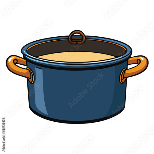 A vibrant cartoon illustration of a blue cooking pot with orange handles and a lid knob