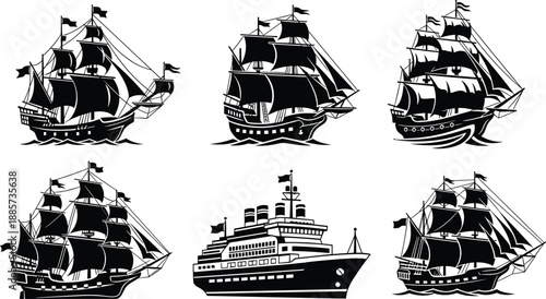 Collection of black sailing ship vector icons, vintage galleon silhouettes with masts for nautical design, ocean cruise liners, and maritime adventure illustrations.