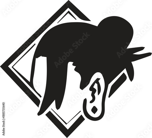 A graphic silhouette of a woman's head with a bun and diamond frame design